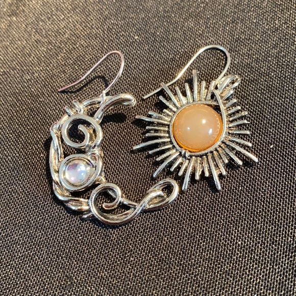 Boho Sun & Moon Silver Dangle Earrings - Picture 1 of 3
